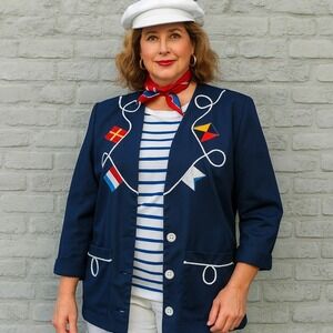Vintage 80s Ali Miles‎ Womens 14 Navy Nautical Embellished Flags Rope Blazer